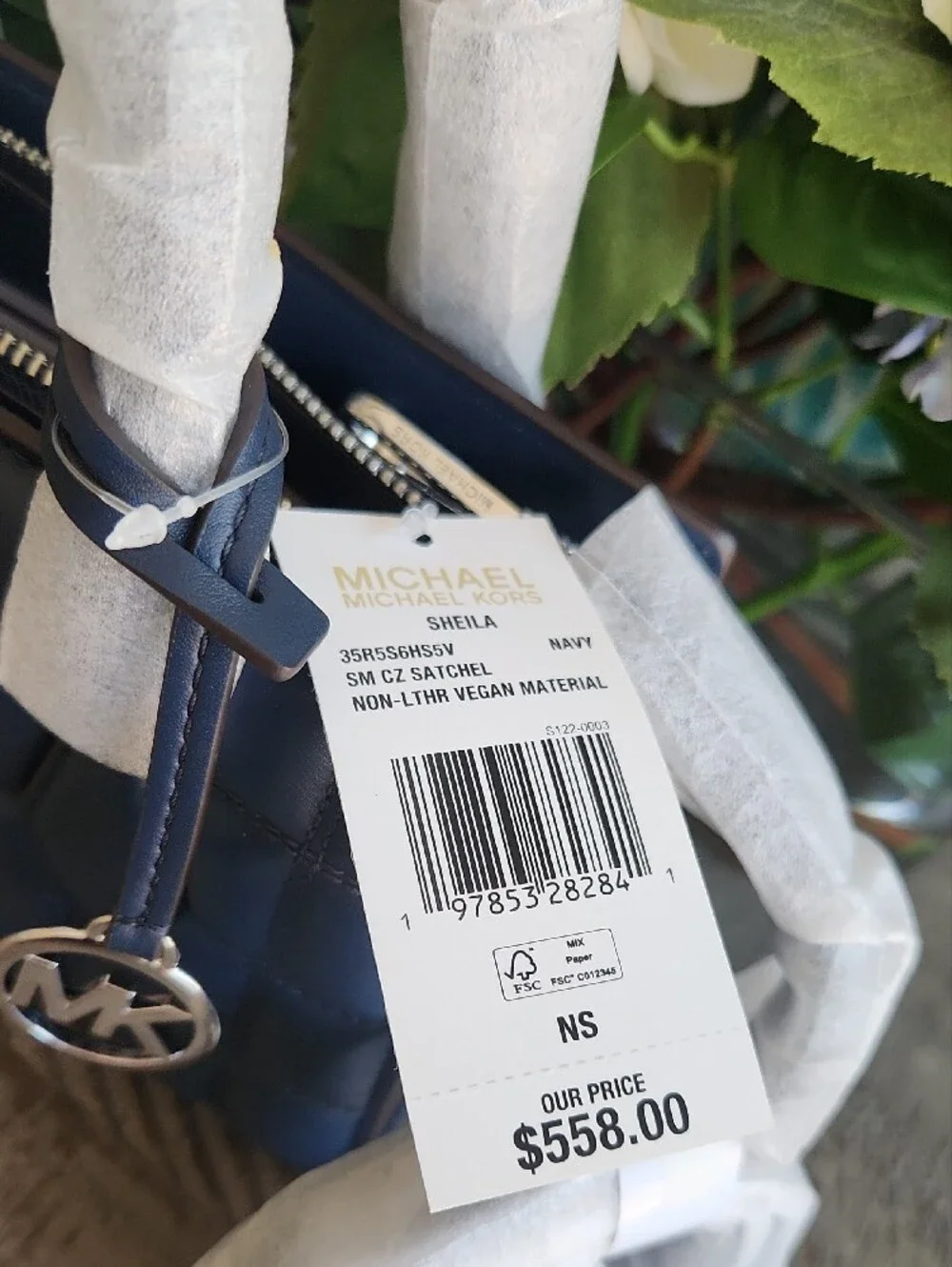 Michael Kors Navy Quilted Leather Satchel with Gold MK Charm. New!